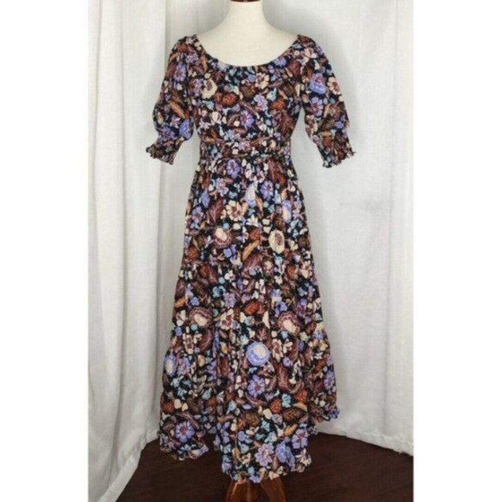 Ann Taylor Midi Dress 4 Floral Batik Puff Sleeve Tiered Flare - Picture 5 of 10